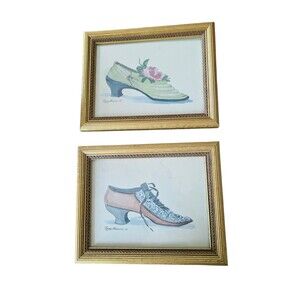 Vintage Peggy Abrams Framed Victorian Shoe Watercolor Art Prints Set of 2